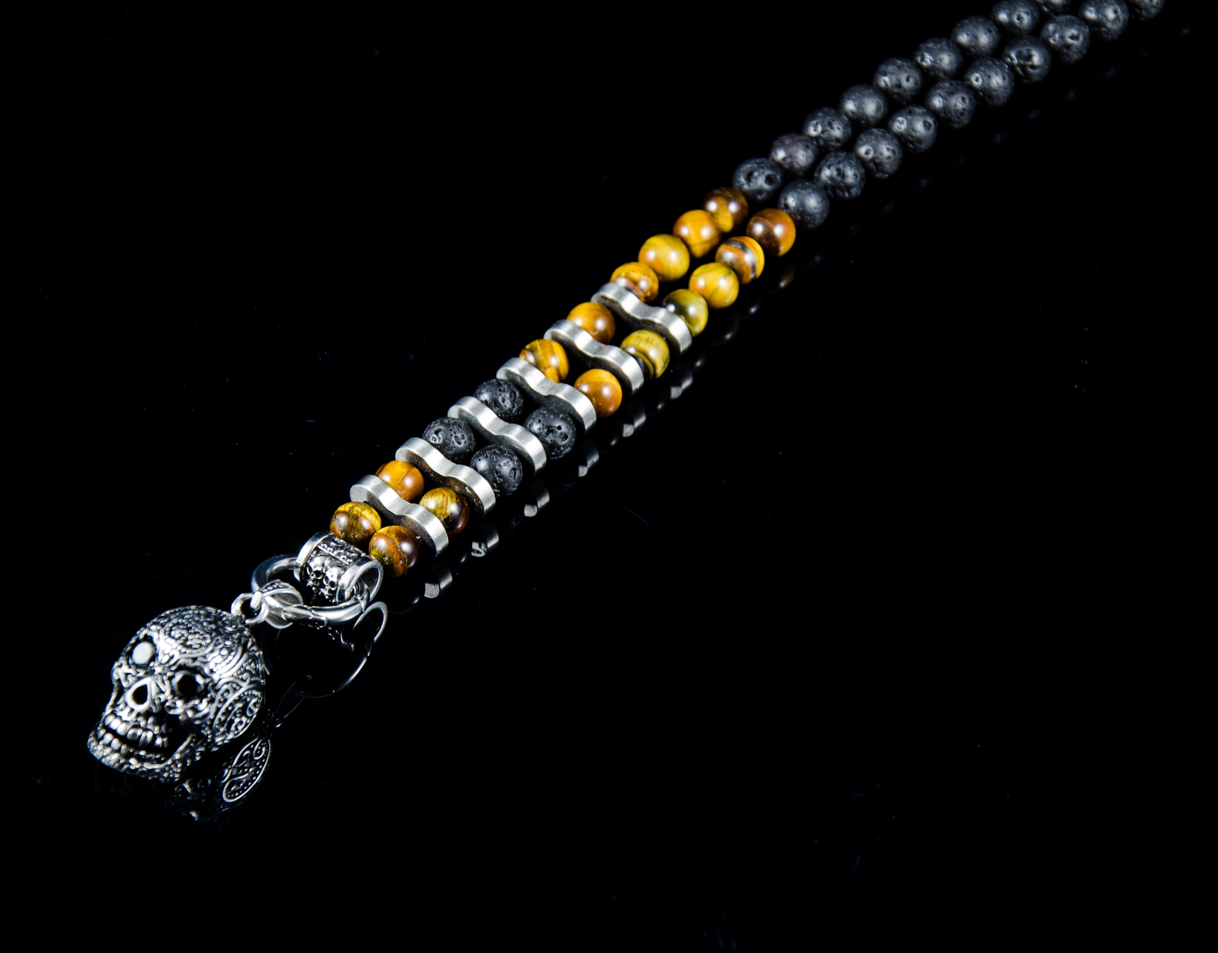 Perlenkette - Tigerauge & Lava 10mm und Edelstahl